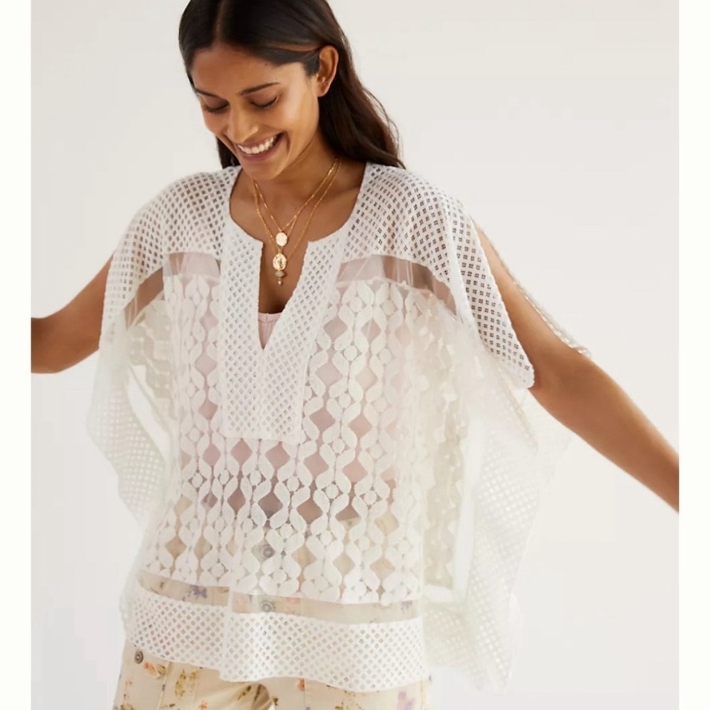 Anthropologie Off White Lace Mesh Poncho Topper Swim Coverup One Size